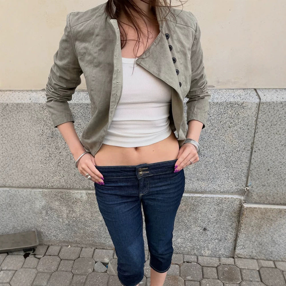 Women Asymmetrical Short Jacket with Double Decorative Button Placket and Stand Collar Mune Fashion