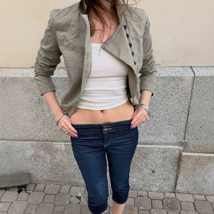 Women Asymmetrical Short Jacket with Double Decorative Button Placket and Stand Collar Mune Fashion
