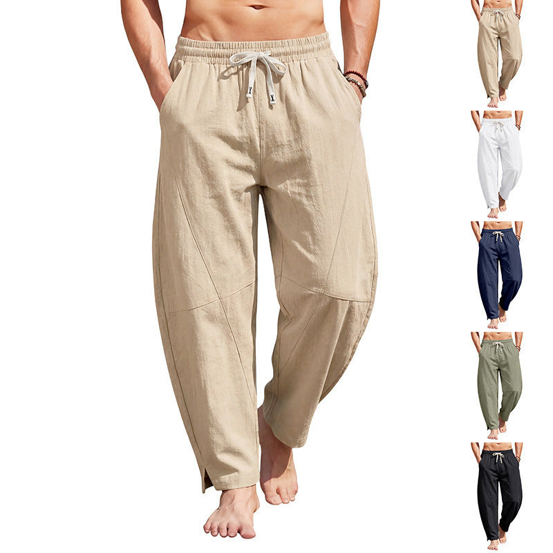 Men's airy comfort summer pants with elastic tunnel drawstring waistband, decorative seams, and side ankle slit Mune Fashion