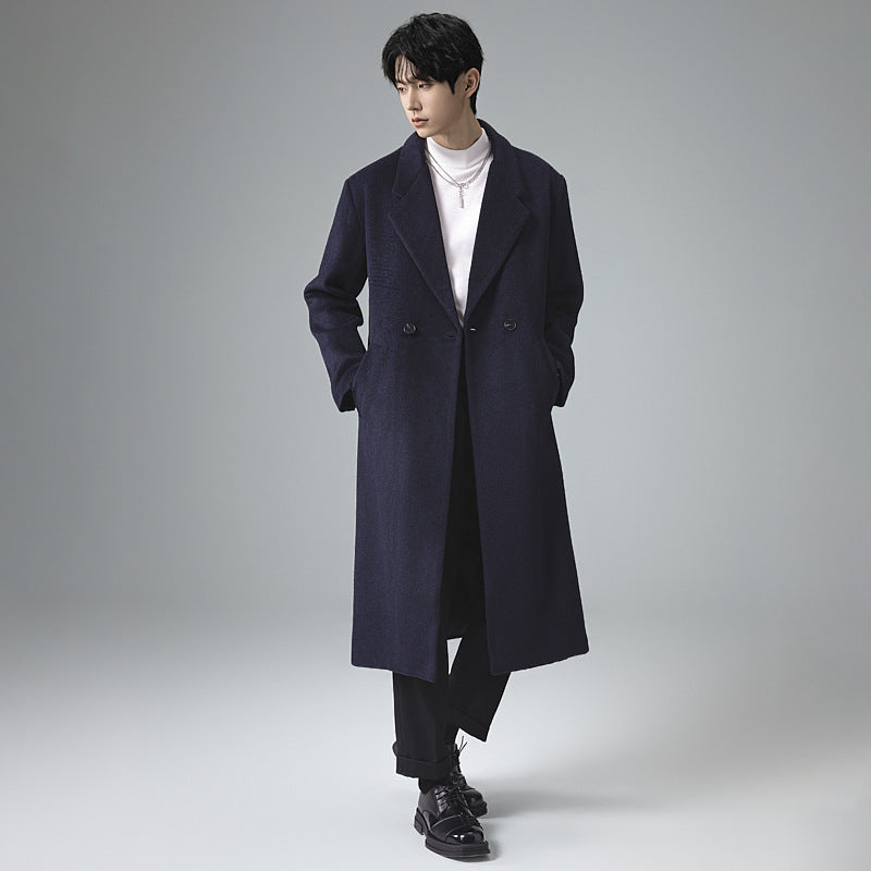 Men's Maxi-Length Wool Blend Coat with Concealed Button Placket and Draped Shawl Collar Mune Fashion