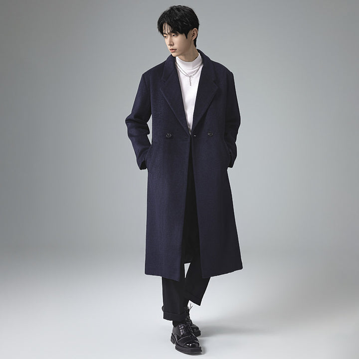 Men's Maxi-Length Wool Blend Coat with Concealed Button Placket and Draped Shawl Collar Mune Fashion