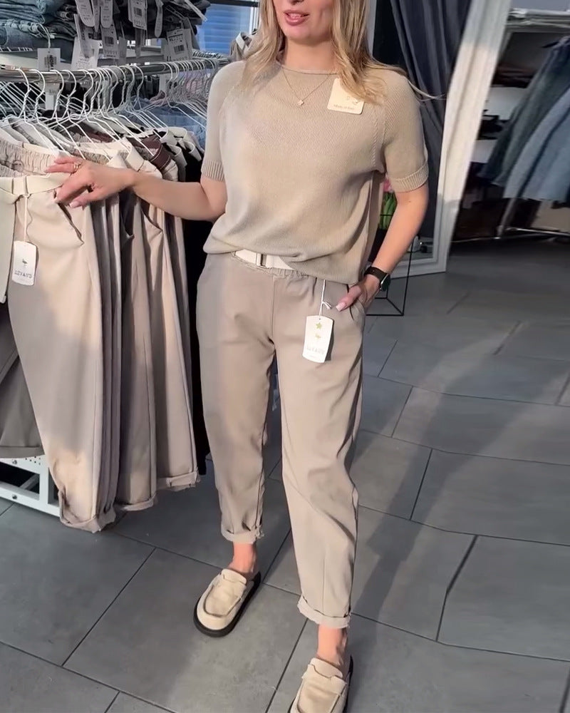 Women's casual cotton chinos with elastic comfort waistband, cuffs, and decorative belt Mune Fashion