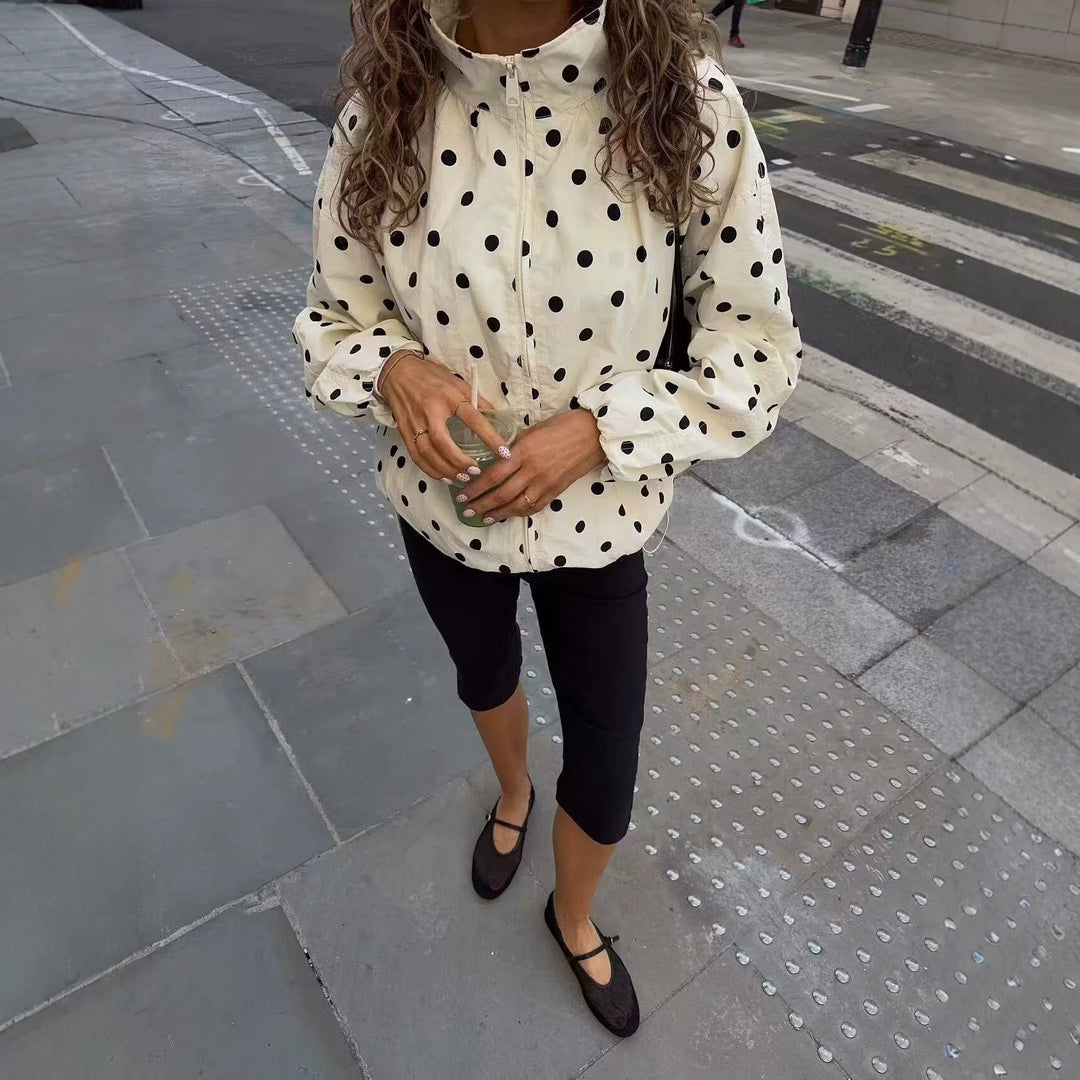 Women's Polka Dot Cropped Transition Jacket with Stand Collar, Drawstring, and Zipper Mune Fashion