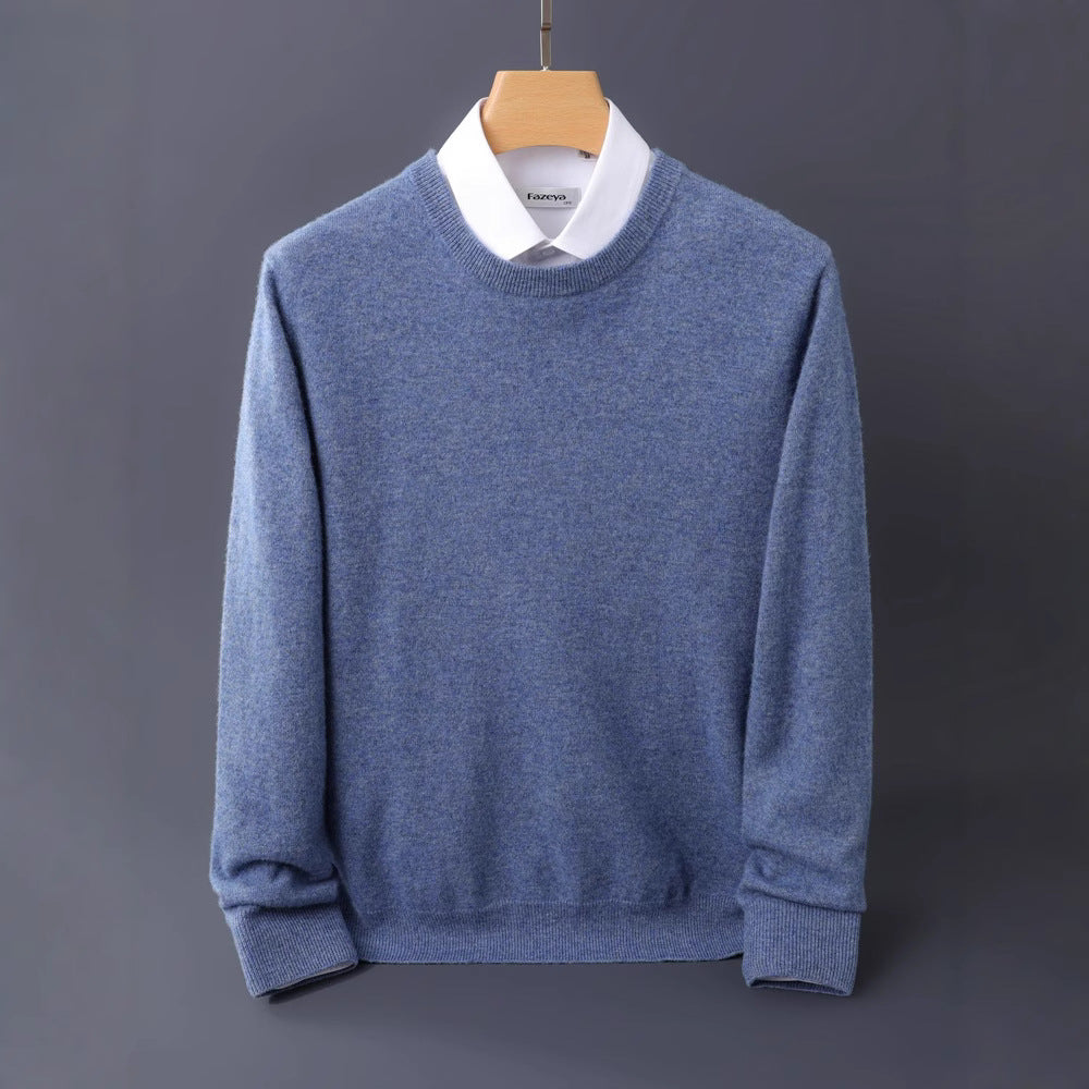 Men's Fine Round Neck Knit Sweater in Cashmere Look with Ribbed Cuffs Mune Fashion