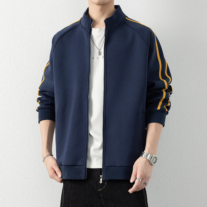 Men's leisure training jacket with stand-up collar, zipper, and contrast stripes Mune Fashion