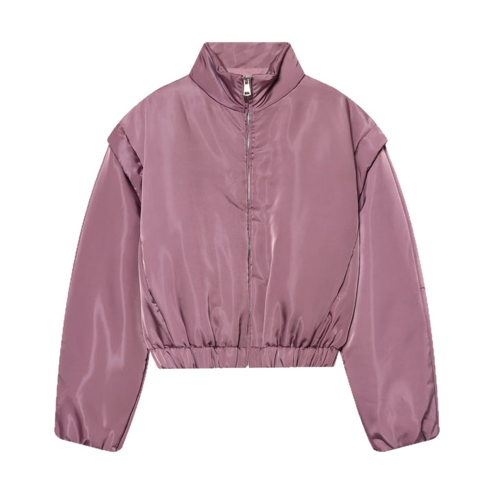 Women's Cropped Bomber Jacket in Satin Look with Stand Collar and Waist Drawstring Mune Fashion