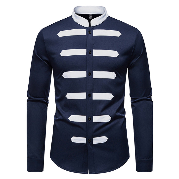 Men's Slim-Fit Shirt with Stand Collar and Decorative Piping Stripes Mune Fashion