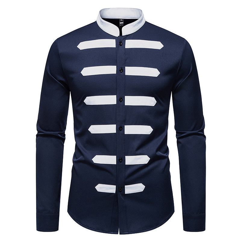Men's Slim-Fit Shirt with Stand Collar and Decorative Piping Stripes Mune Fashion