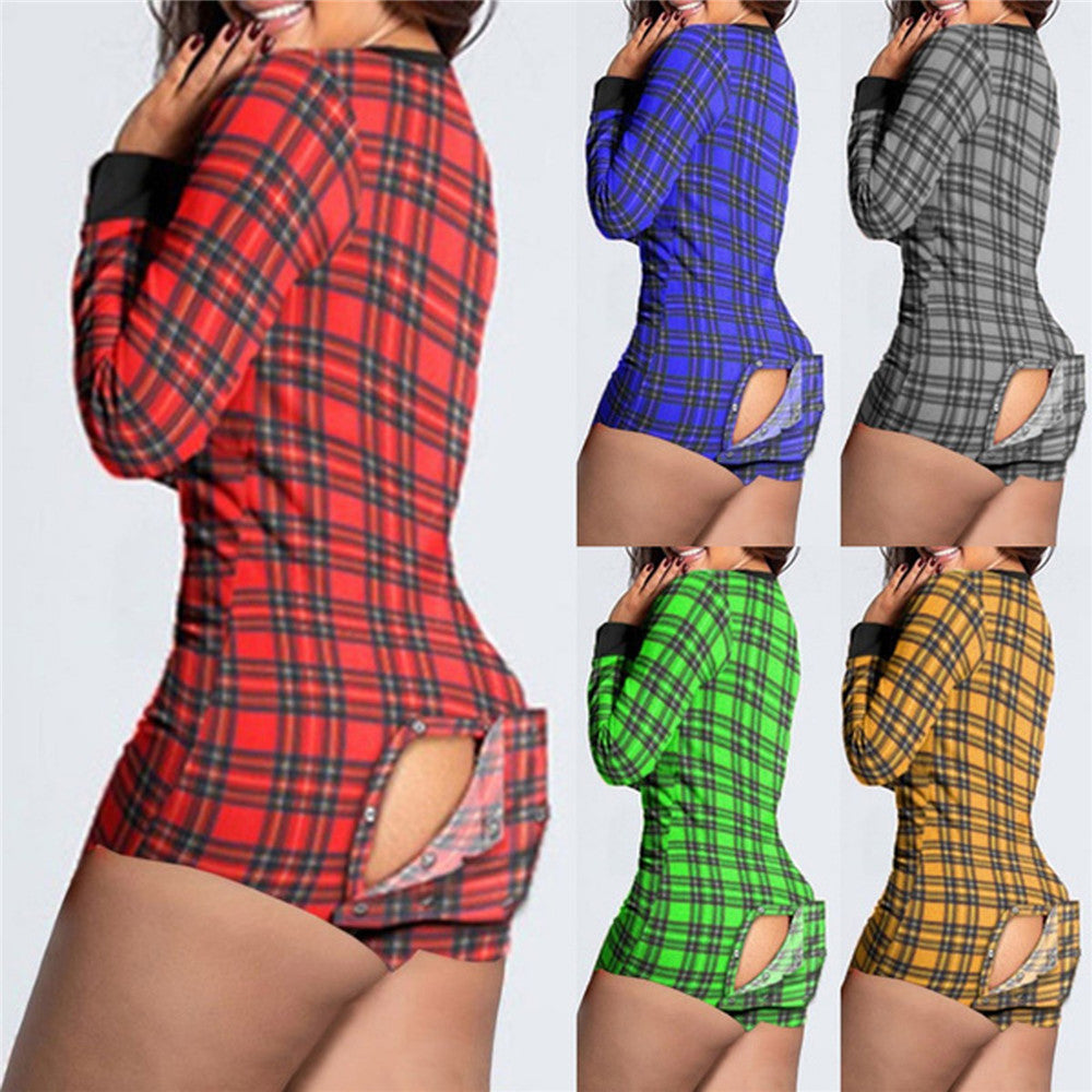 Women's Checked Long Sleeve Bodysuit with Practical Back Opening & Snap Closure Mune Fashion