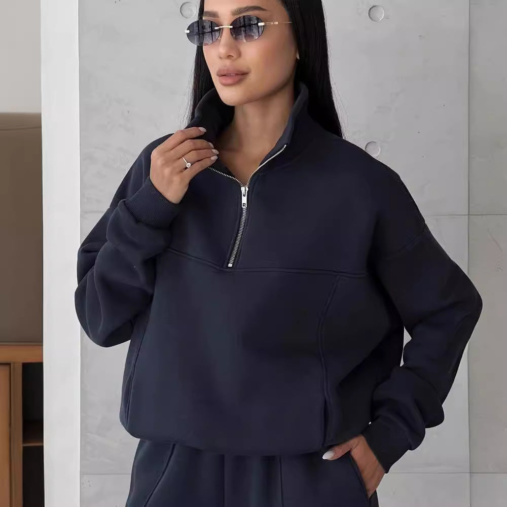 Women Soft Oversized Lounge Set with Zip Collar, Front Pockets and Flattering High-Waist Pants Mune Fashion