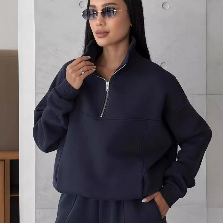 Women Soft Oversized Lounge Set with Zip Collar, Front Pockets and Flattering High-Waist Pants Mune Fashion