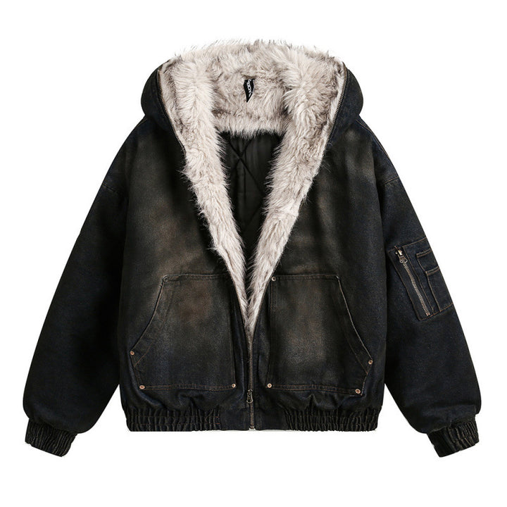 Men's Padded Bomber Jacket with Teddy Lining, Hood and Used Finish Mune Fashion