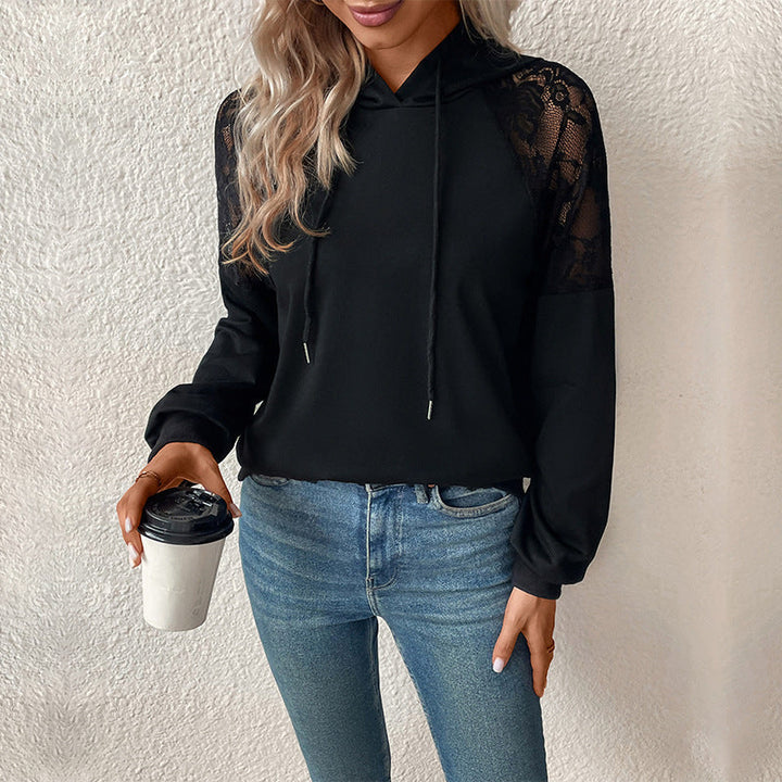 Women's hooded sweater with lace shoulder insert, raglan sleeves, and casual fit Mune Fashion