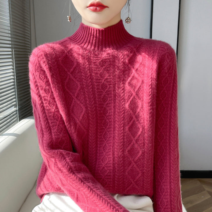 Women's cable-knit mock neck sweater with fine ajour detail and fluffy cashmere look Mune Fashion