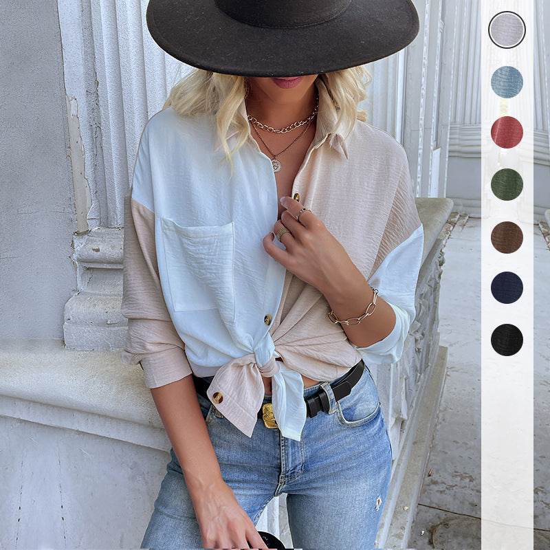 Women's oversized shirt blouse with color blocking, chest pocket, and textured viscose blend Mune Fashion