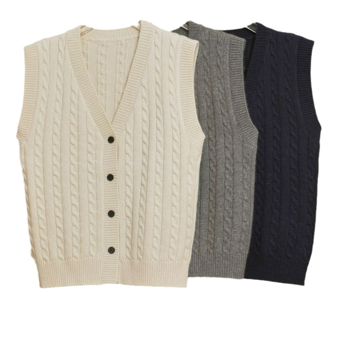Women's chunky knit cable vest with deep V-neck and button placket Mune Fashion