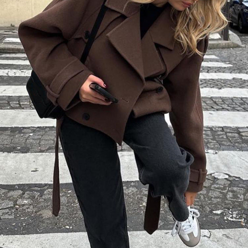 Women short cut oversized wool blend peacoat with wide lapels and tie belt Mune Fashion