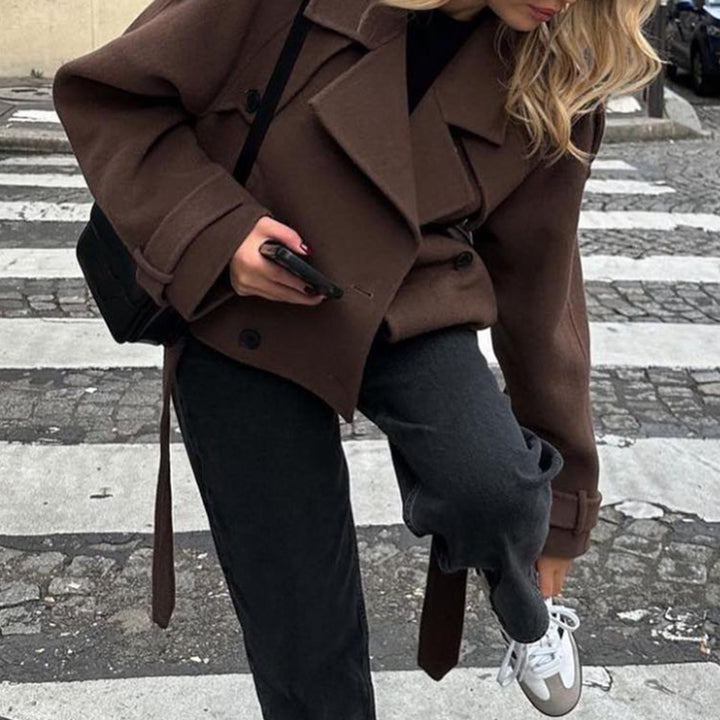 Women short cut oversized wool blend peacoat with wide lapels and tie belt Mune Fashion