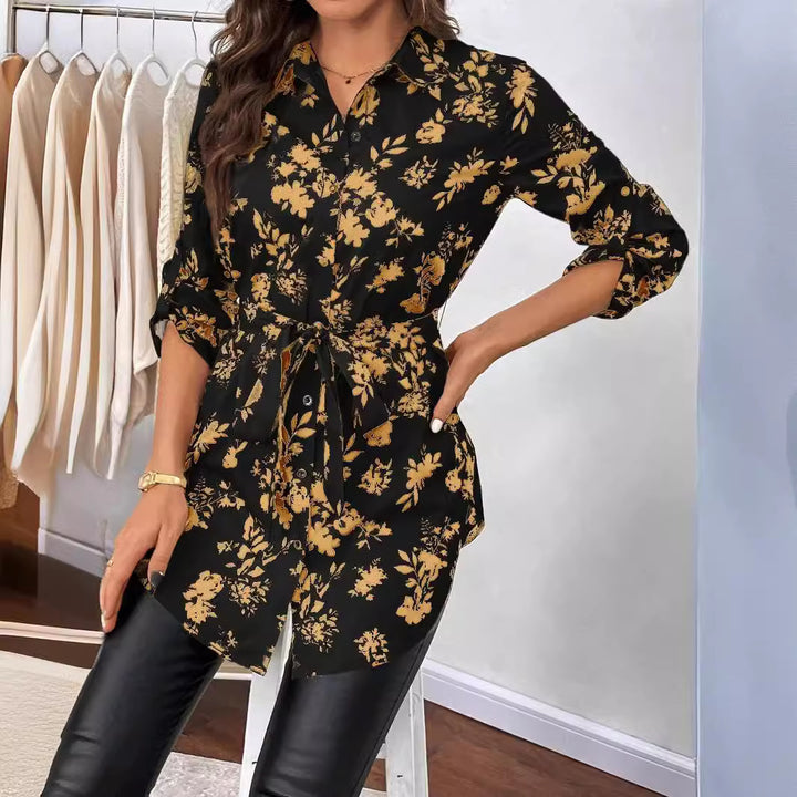 Women's loose shirt blouse tunic with floral all-over print, tie belt and rolled-up sleeves Mune Fashion