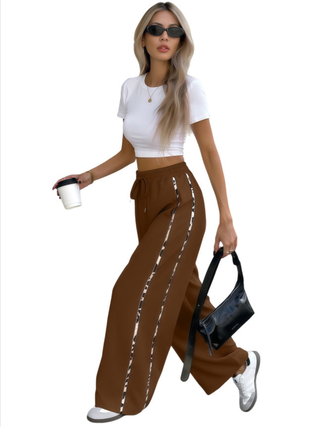 Women's Wide High-Waist Lounge Pants with Drawstring and Contrasting Side Stripes Mune Fashion