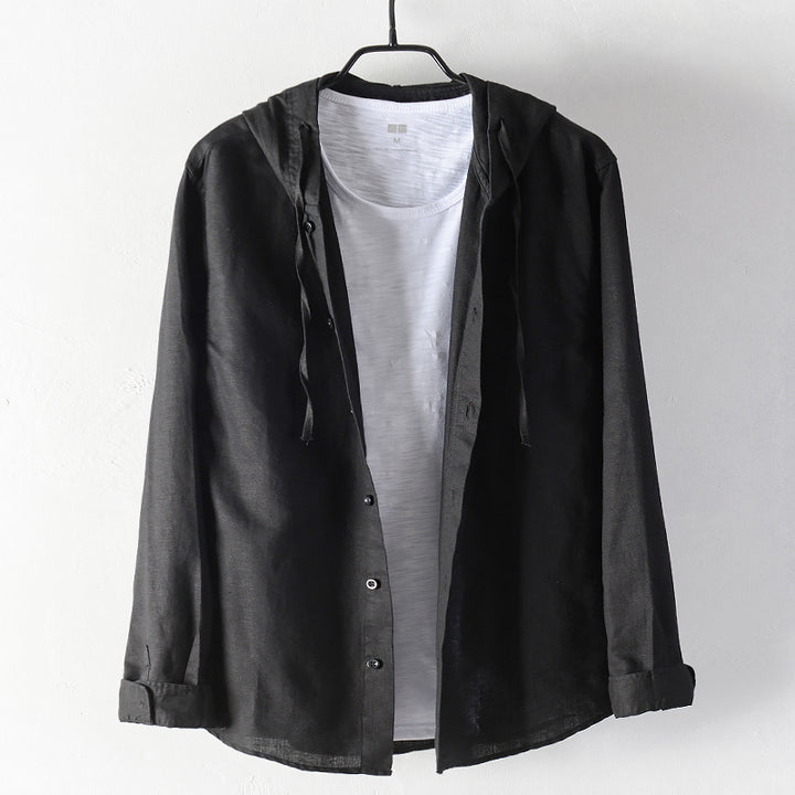 Men's Lightweight Hoodie Shirt made of Linen-Cotton Blend with Fine Stripe Structure Mune Fashion