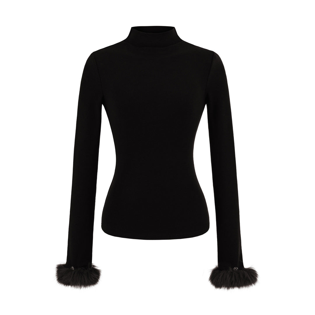 Women's Fitted Turtleneck Top with Faux Fur Cuffs Mune Fashion