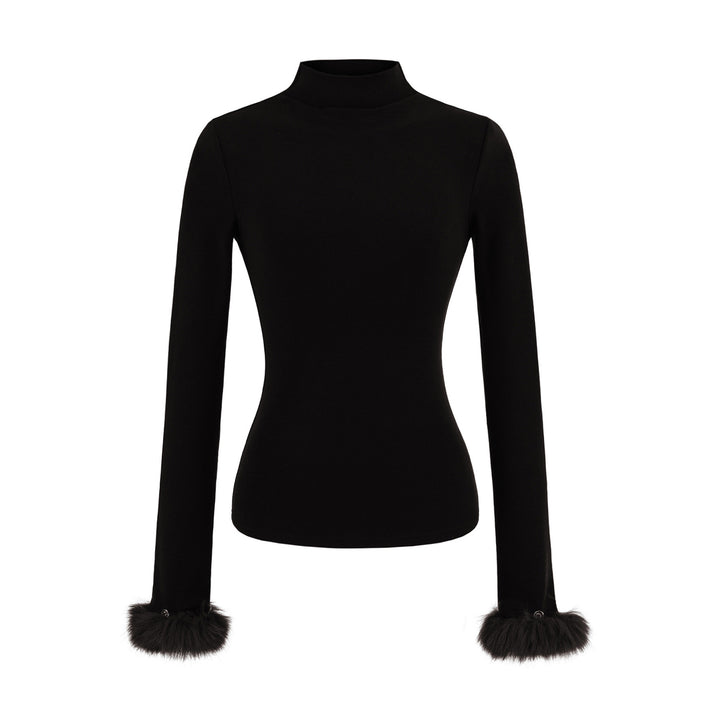 Women's Fitted Turtleneck Top with Faux Fur Cuffs Mune Fashion