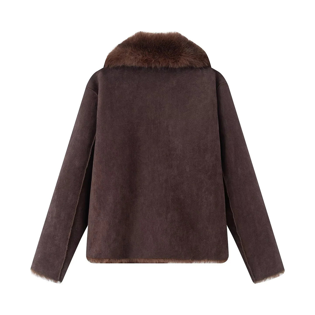 Women's nano short sheepskin-look jacket with voluminous shawl collar and concealed button placket Mune Fashion