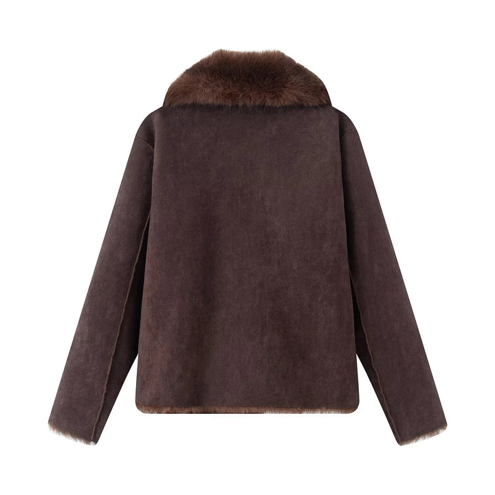 Women's nano short sheepskin-look jacket with voluminous shawl collar and concealed button placket Mune Fashion