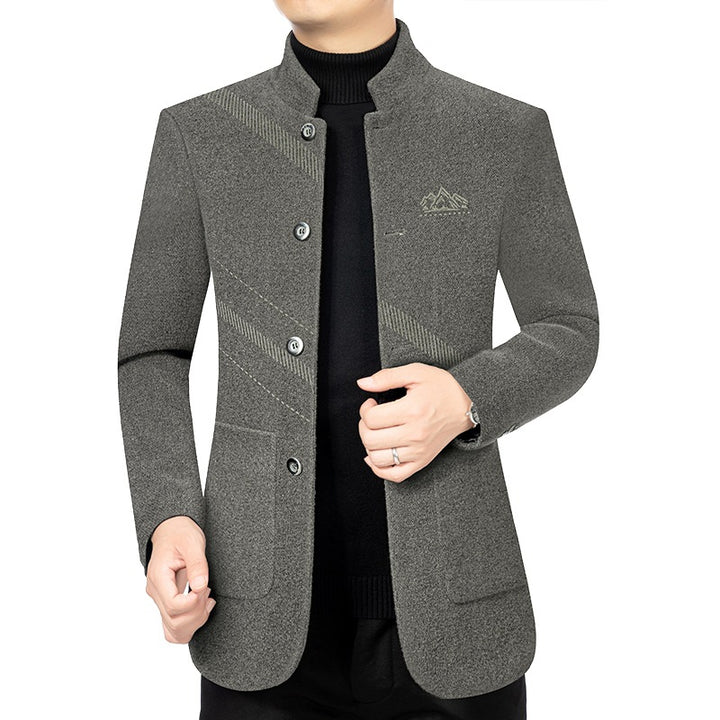 Men's Short Coat with Stand-up Collar Made of Wool Blend and Diagonal Texture Design Mune Fashion