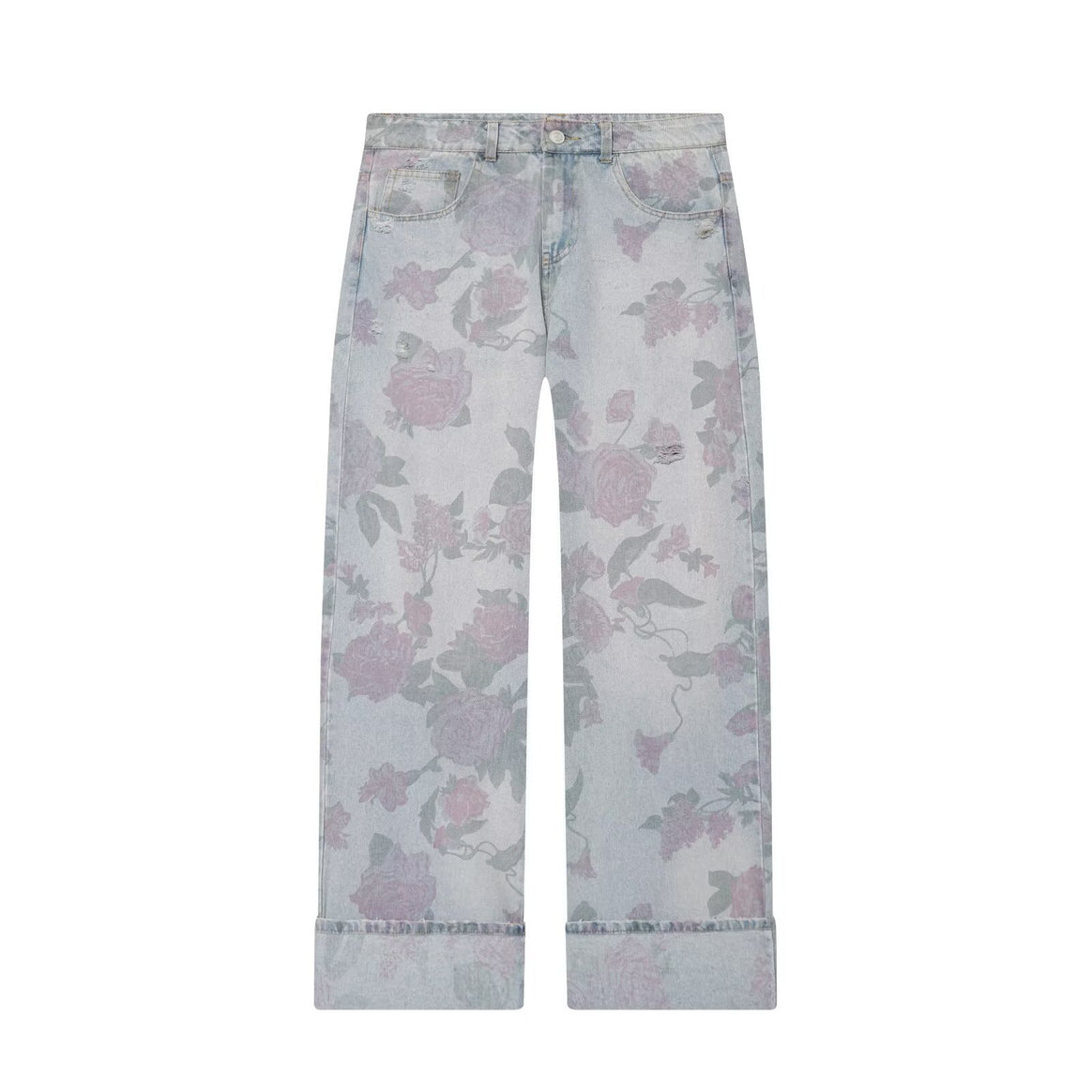 Ladies Wide Floral Print Denim Trousers with Straight Leg and Cuff Mune Fashion