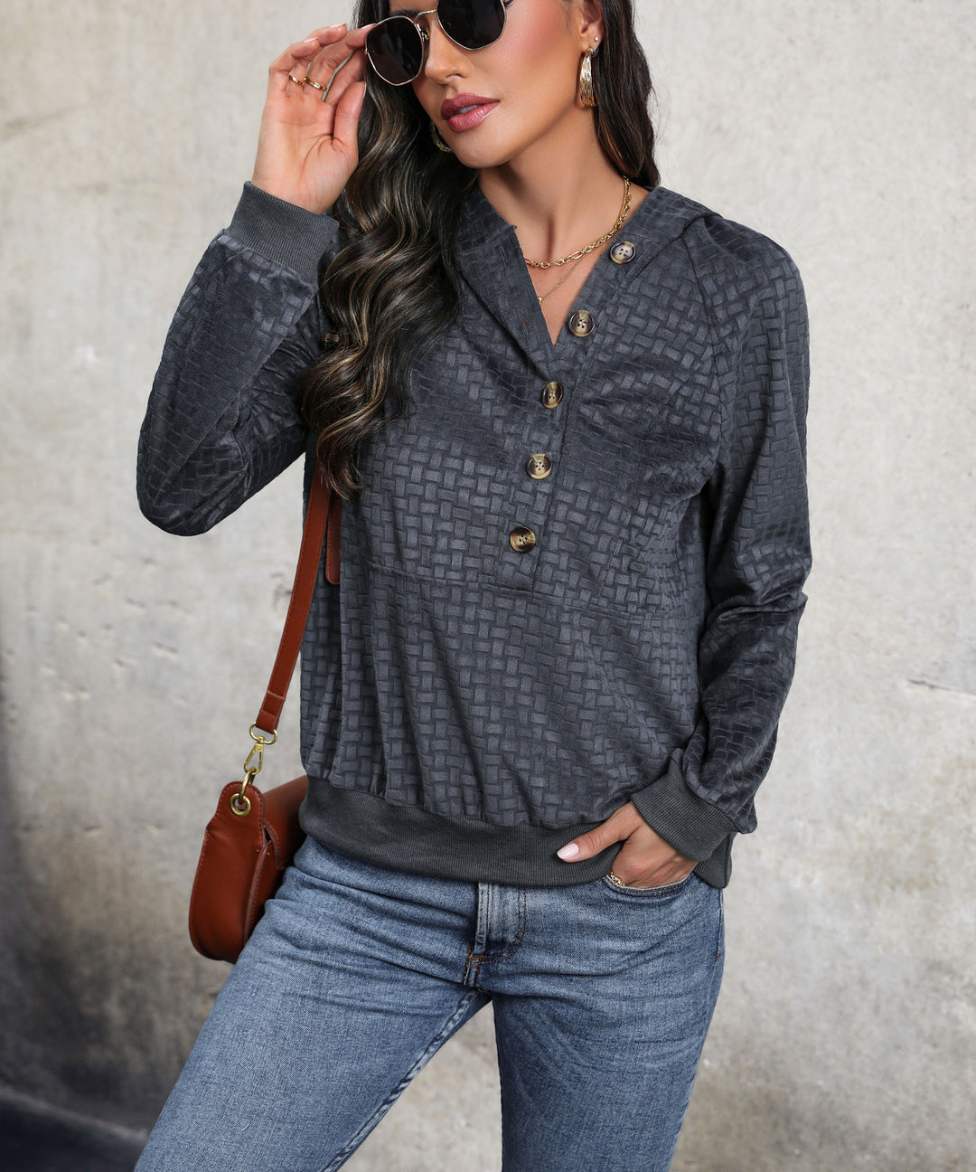 Ladies Textured Hooded Sweater with Button Placket and Pattern Structure Mune Fashion