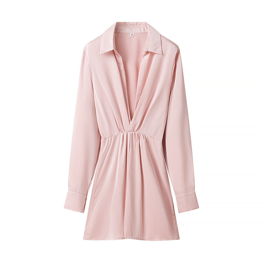 Women's fitted shirt mini dress with deep V-neck, gathered waistband and cuffed sleeves Mune Fashion
