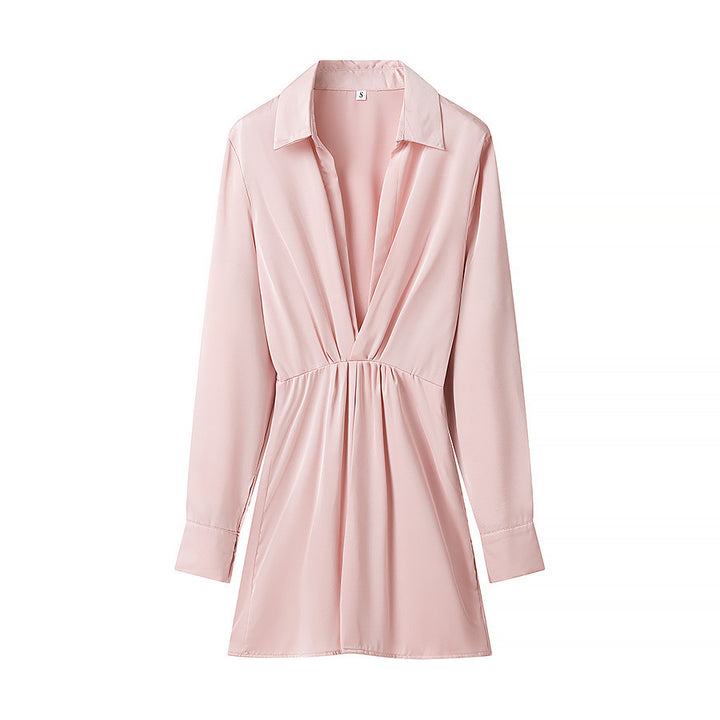 Women's fitted shirt mini dress with deep V-neck, gathered waistband and cuffed sleeves Mune Fashion