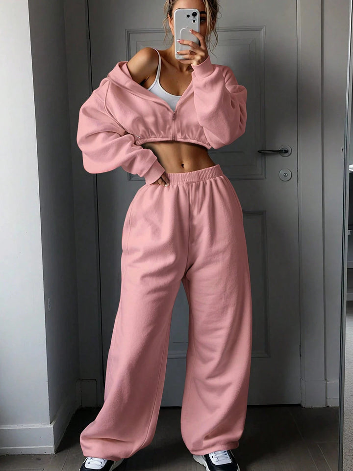 Ladies nan short zip hoodie cropped sweatshirt with drawstring, attached balloon sleeves and elastic hem Mune Fashion