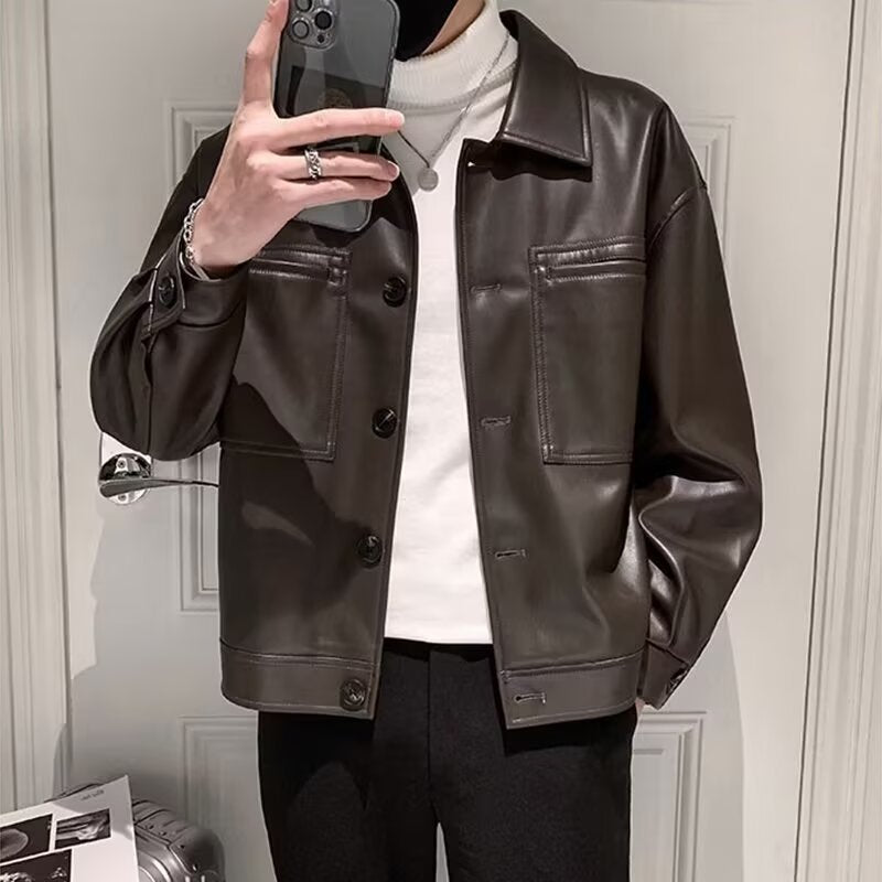 Men's Boxy Overshirt in Leather Look with Shirt Collar and Patch Breast Pockets Mune Fashion