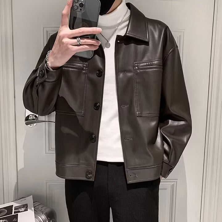 Men's Boxy Overshirt in Leather Look with Shirt Collar and Patch Breast Pockets Mune Fashion