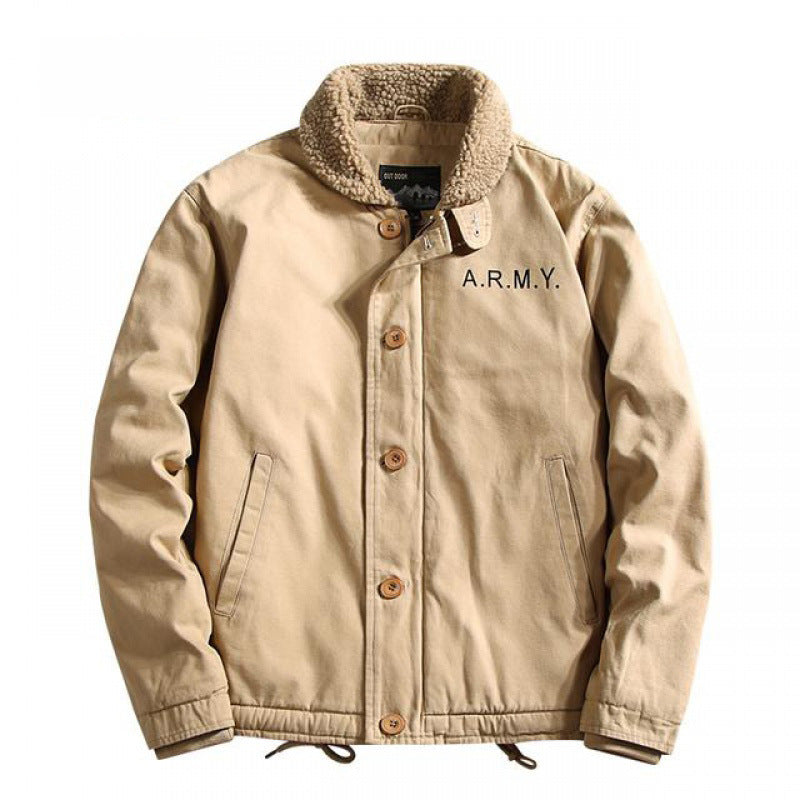 Men's Canvas Field Jacket with Teddy Collar, Button Front and Drawstring Mune Fashion
