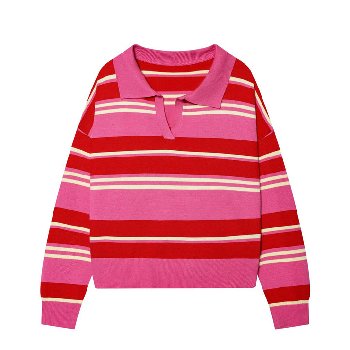 Women Oversize Cropped Rugby Sweater with Polo Collar and V-Neck Mune Fashion
