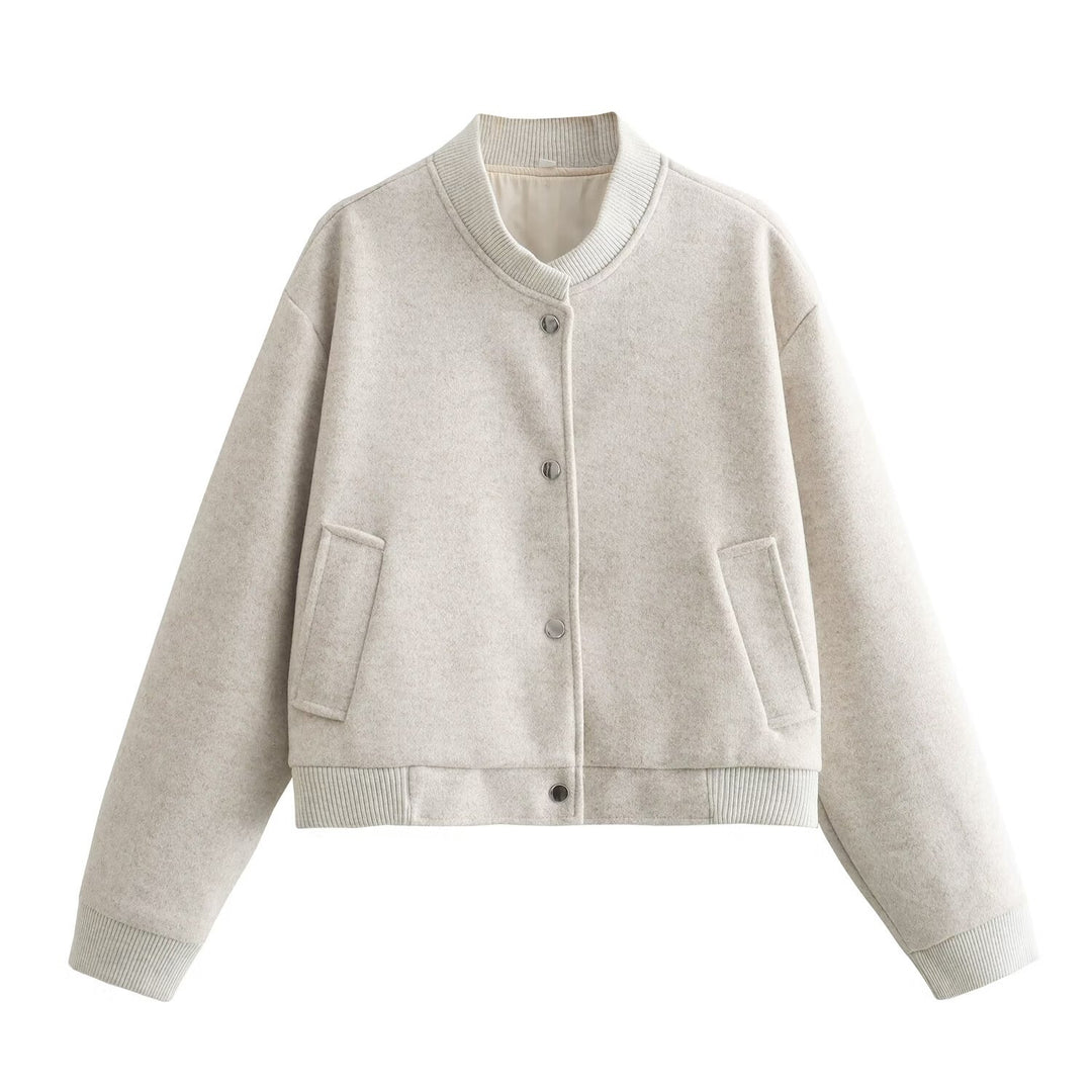 Women's boxy college bomber jacket made of a wool blend with quilted lining, snap buttons, and ribbed hem Mune Fashion