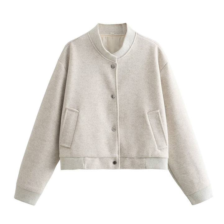 Women's boxy college bomber jacket made of a wool blend with quilted lining, snap buttons, and ribbed hem Mune Fashion