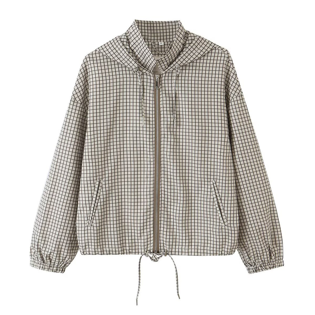 Women Lightweight Hooded Boxy Transitional Jacket with Check Grid Print, Drawstring and Elastic Cuffs Mune Fashion