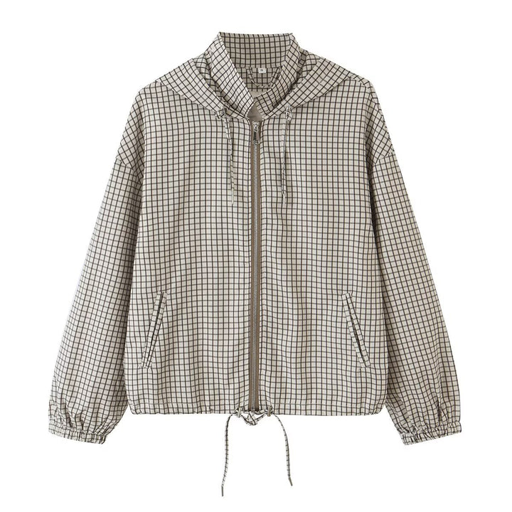 Women Lightweight Hooded Boxy Transitional Jacket with Check Grid Print, Drawstring and Elastic Cuffs Mune Fashion