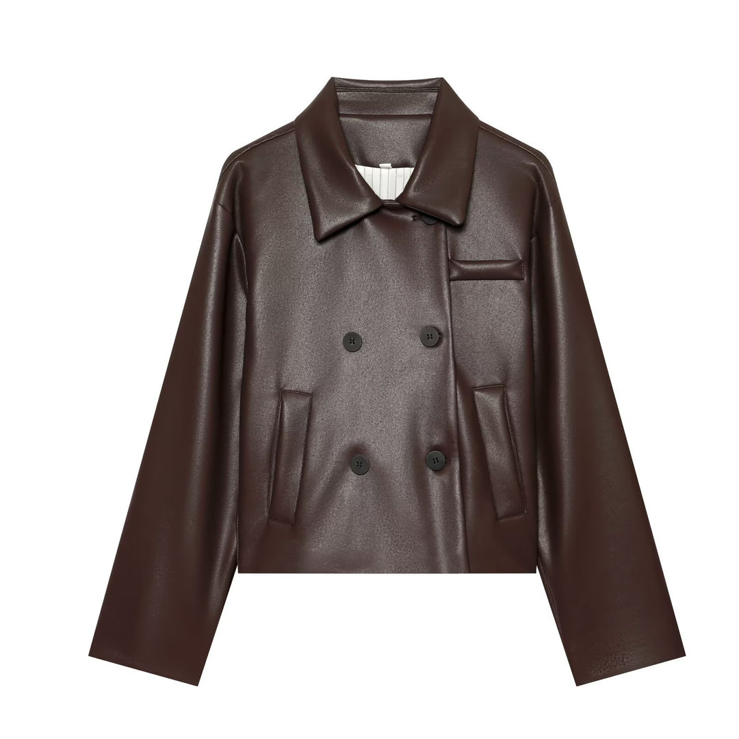 Women's short cut double-breasted faux leather jacket with wide shirt collar Mune Fashion