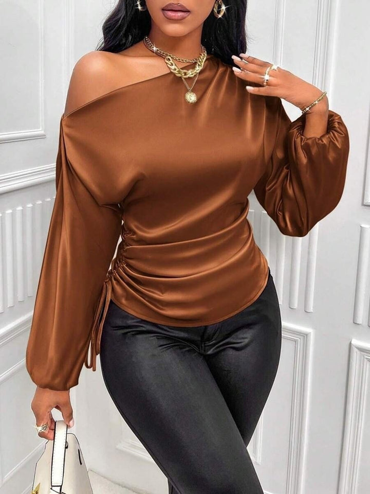 Women's satin blouse with asymmetric off-the-shoulder neckline and wide batwing sleeves Drune