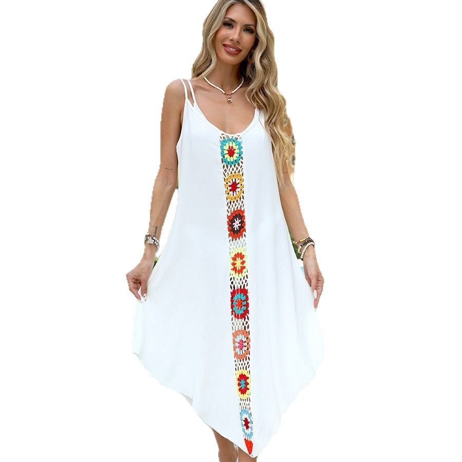 Women airy maxi dress with asymmetrical hem and colorful crochet pattern Mune Fashion