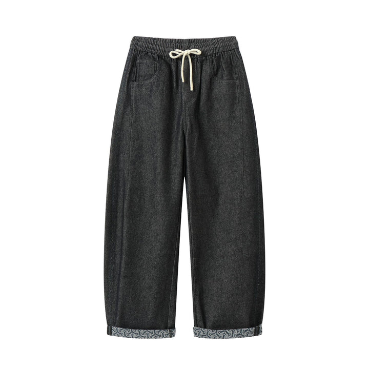 Women's culotte jeans with elastic drawstring waistband and patterned cuff