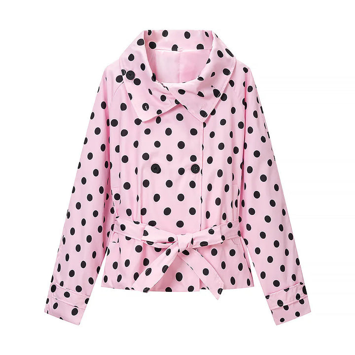 Ladies short dotted rain jacket with waist belt and double-breasted button placket Mune Fashion