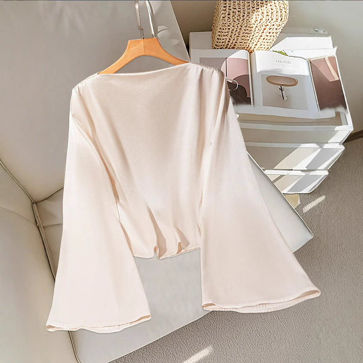 Women Draped Satin Top with Waterfall Collar & Ruffle Sleeves Mune Fashion