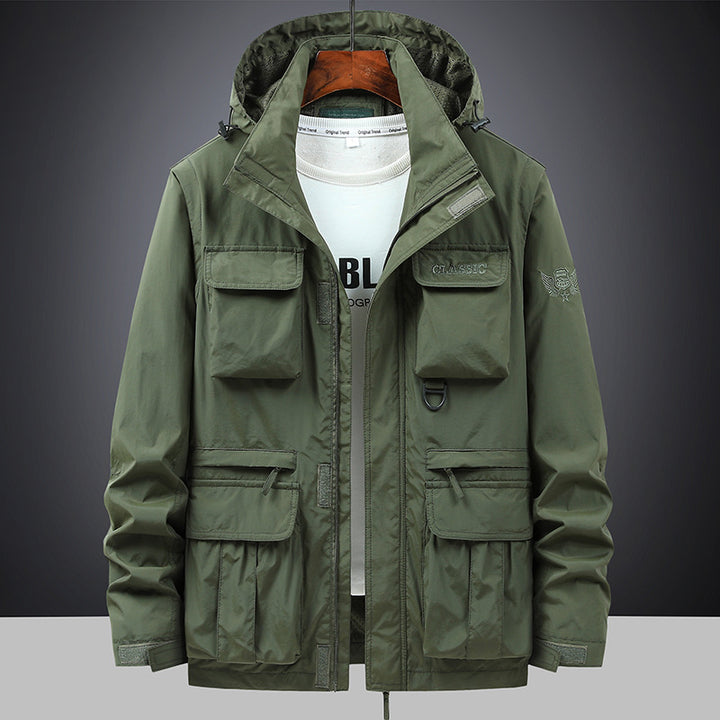 Men's multifunctional field jacket with hood and numerous pockets